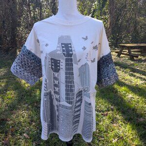 Upcycled Graphic Guitar Skyline Tee XL Crochet Granny Stitch Sleeves